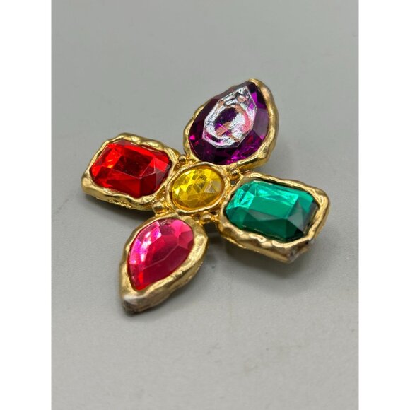 Vtg 80s 90s Colorful Pin Brooch Jeweled Red Green Purple Pink Gold Tone Metal - Picture 2 of 9